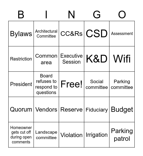 EG HOA Meeting BINGO Card