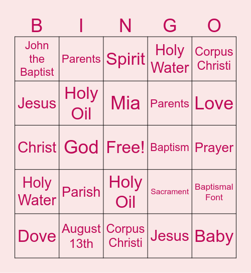 Mia's Baptism Bingo Card