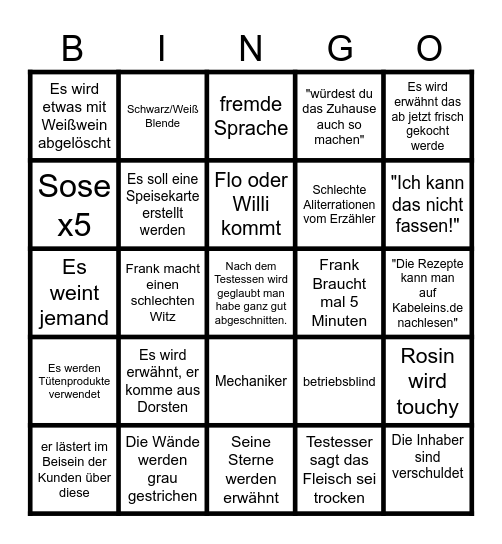 Rosins Restaurant Bingo Card