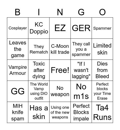 Roblox Is Unbreakable King Crimson 1v1s Bingo Card