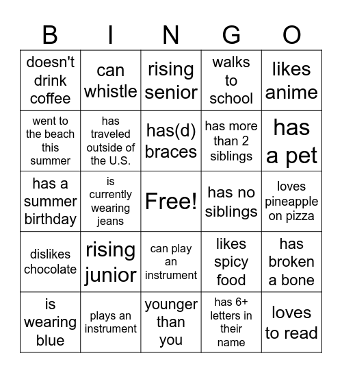 Icebreaker Bingo Card