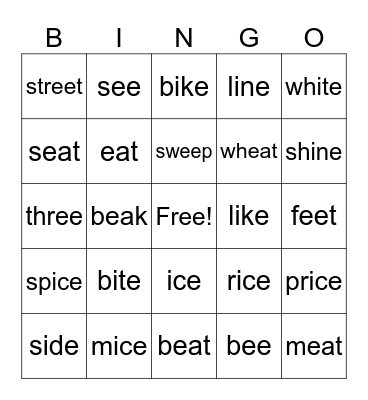 2 Long Vowels: e and i Bingo Card