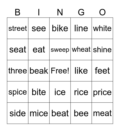 2 Long Vowels: e and i Bingo Card