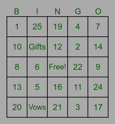 Angela's Bridal Shower Bingo Card