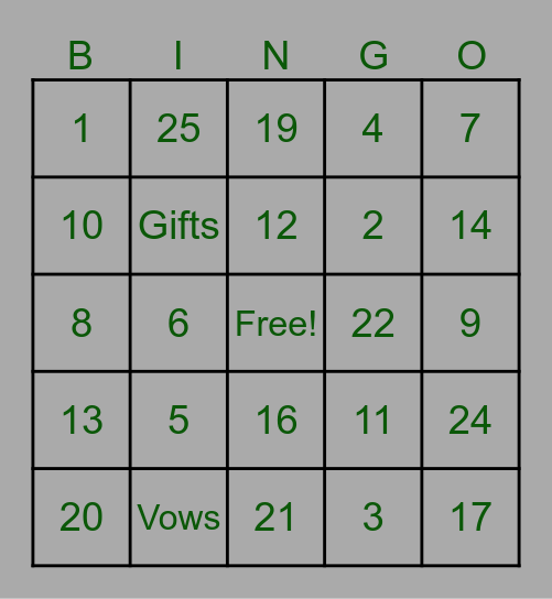 Angela's Bridal Shower Bingo Card