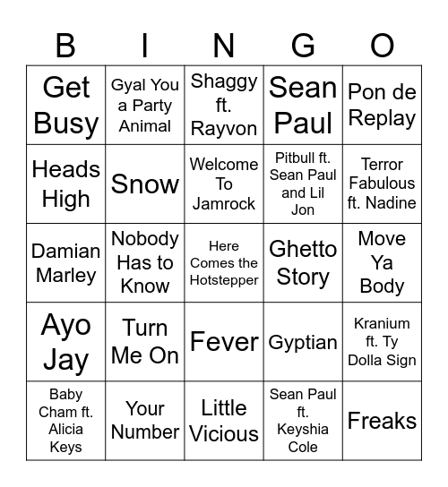 Raggae Bingo Card