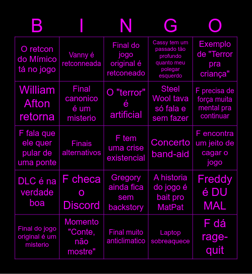 Bingo DLC do Security Breach Bingo Card