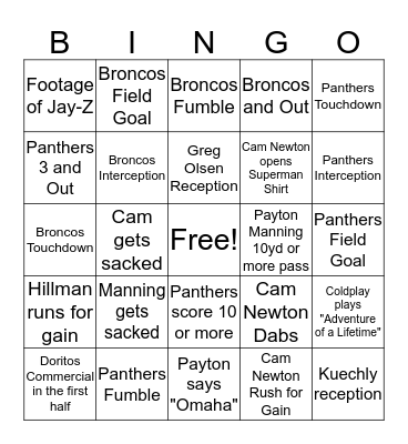 Super Bowl Bingo Card