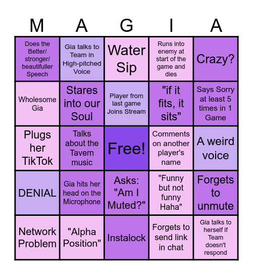 Gia Streaming Bingo Card