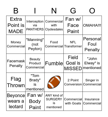 Super Bowl 50 Bingo Card