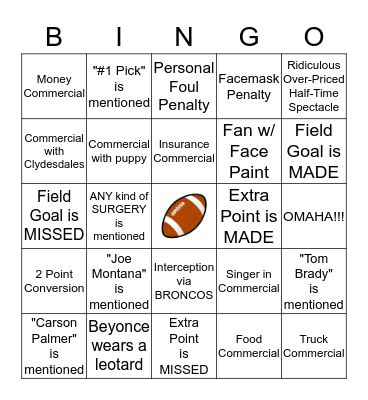 Super Bowl 50 Bingo Card