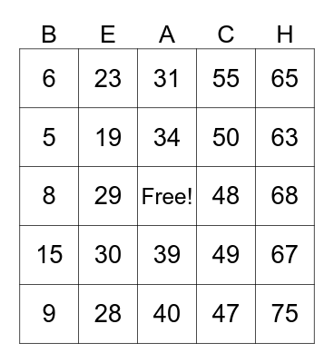 Beach Party Bingo Card