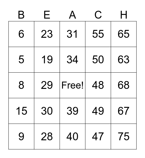 Beach Party Bingo Card