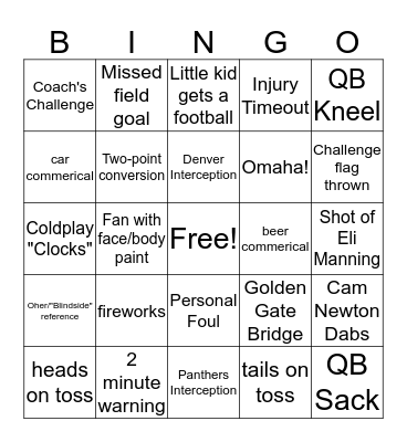 Super Bowl Bingo Card