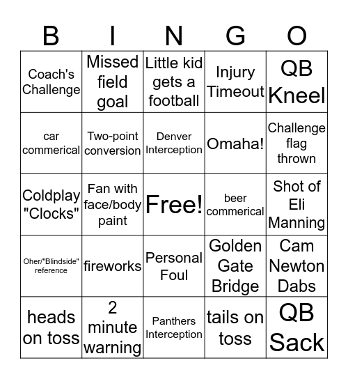 Super Bowl Bingo Card