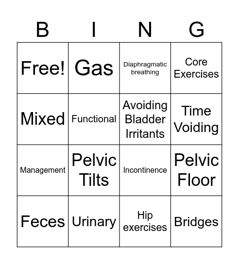 Pelvic Health Bingo Card