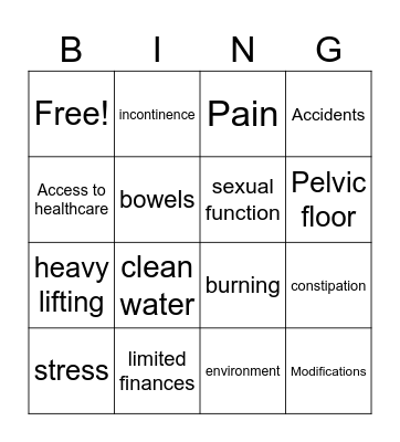 Pelvic Health Bingo Card