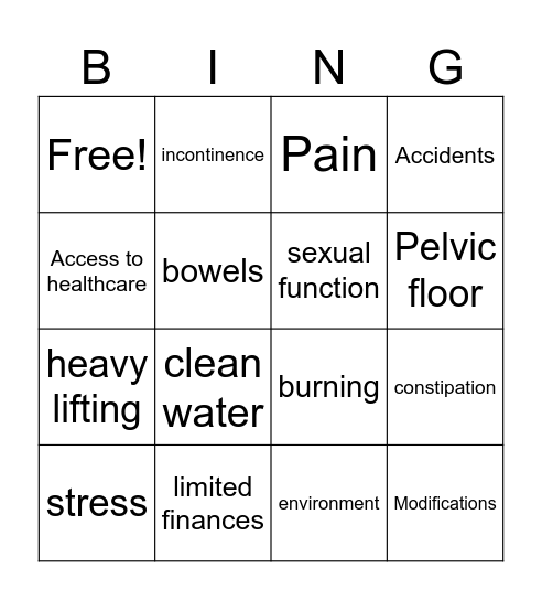 Pelvic Health Bingo Card