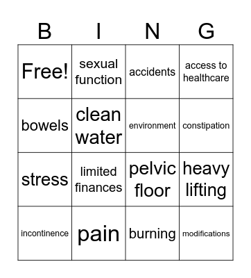 pelvic health Bingo Card