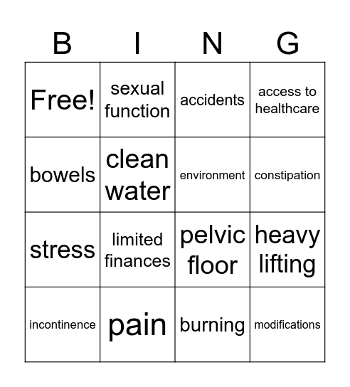 pelvic health Bingo Card