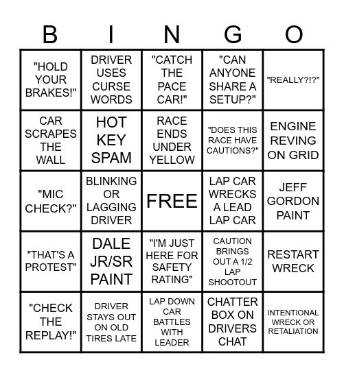 iRacing Oval Bingo Card