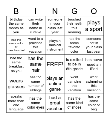 Classmate BINGO Card