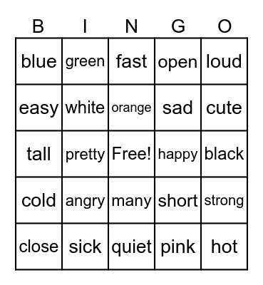 Adjectives Bingo Card