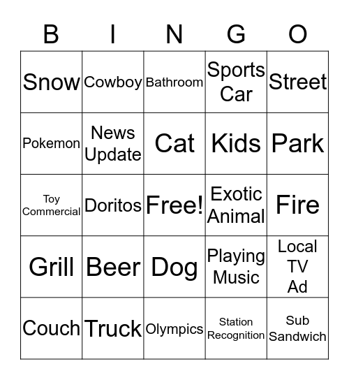 Super Bowl Commercials Bingo Card