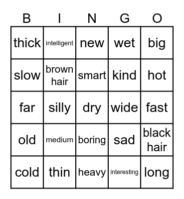 English Adjectives Bingo Card