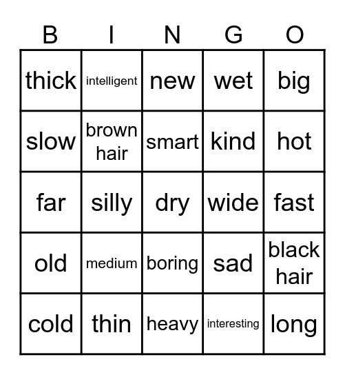 English Adjectives Bingo Card