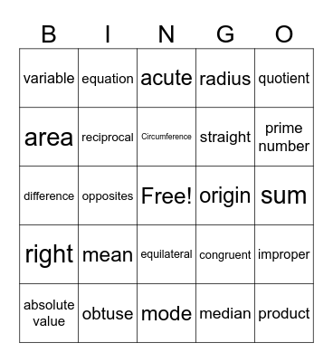 Math Vocabulary Bingo Card