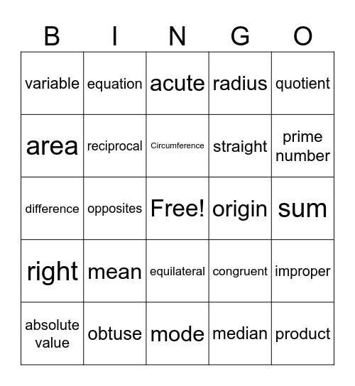 Math Vocabulary Bingo Card