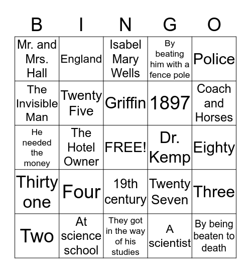 The Invisible Man Bingo Card