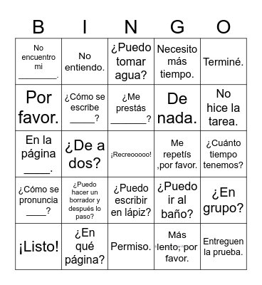 Frases Necesarias para la clase de español Bingo Card