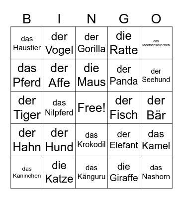 Mixed Animals Bingo Card