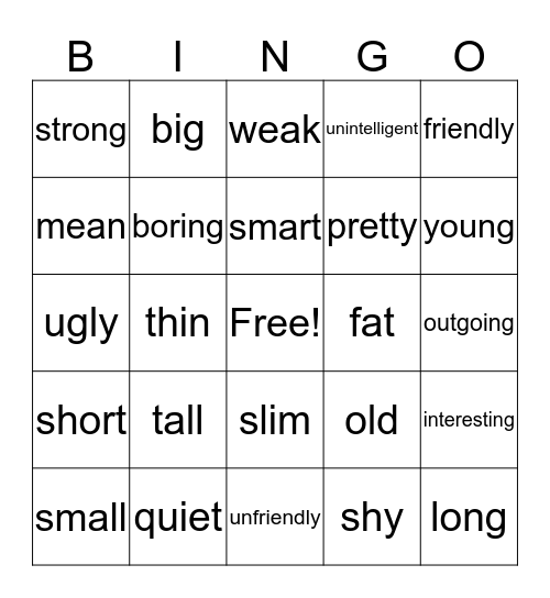 Adjectives Bingo Card