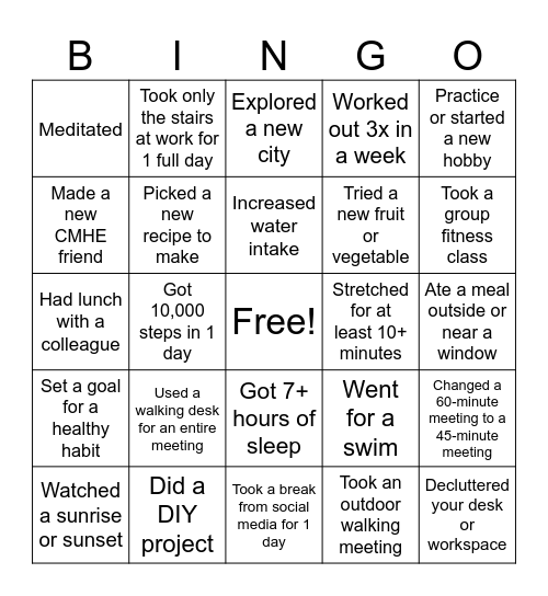 CMHE Health & Wellness Bingo Card