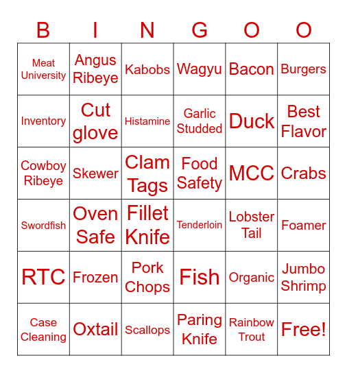 Meat/ Seafood Bingo Card