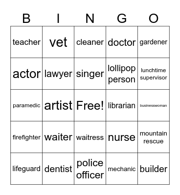 English Jobs Bingo Card