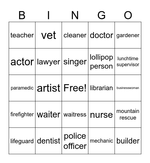 English Jobs Bingo Card