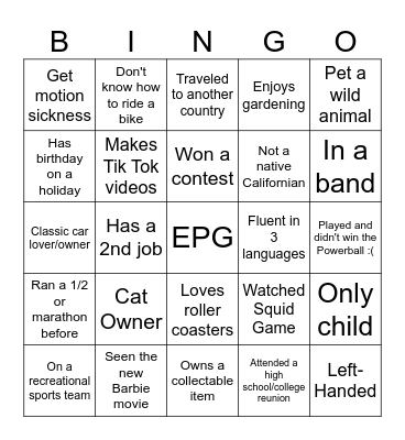 EPG BINGO Card