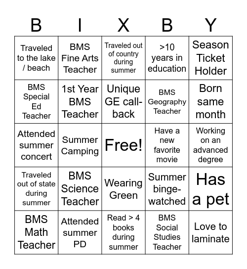 BMS Welcome Back 2023-2024 Bingo Card