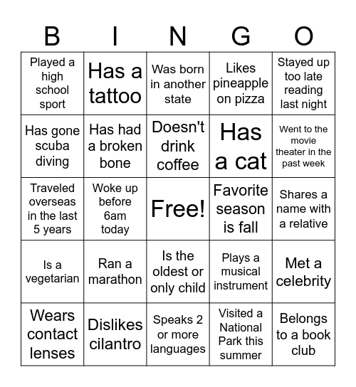 New Team Icebreaker Bingo Card