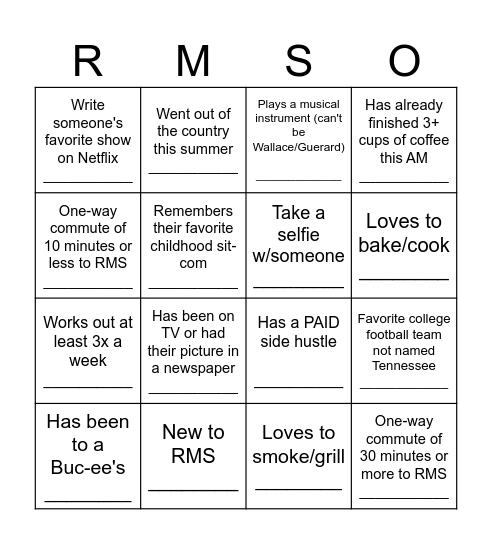 RMS Warrior Mixer Bingo Card