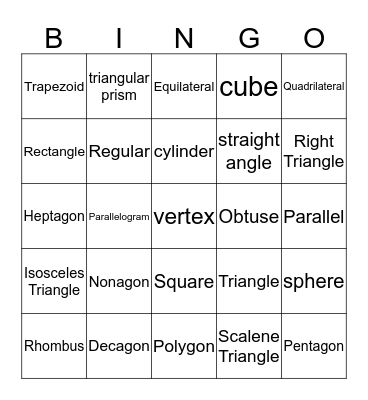 Geometry Bingo Card