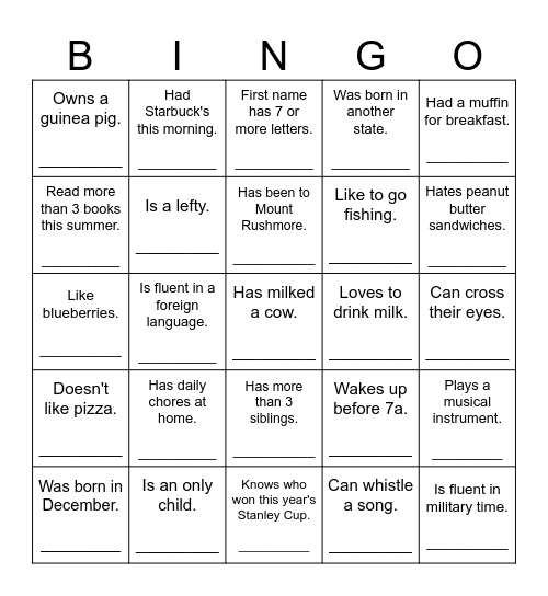 Get to Know You Bingo Card