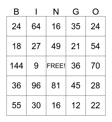 Multiplication Bingo!  Bingo Card