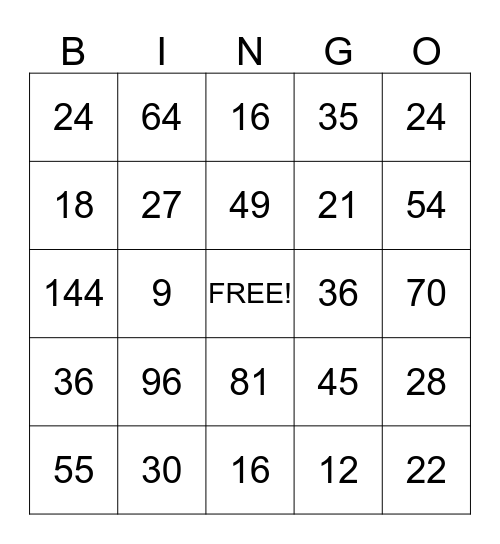 Multiplication Bingo!  Bingo Card