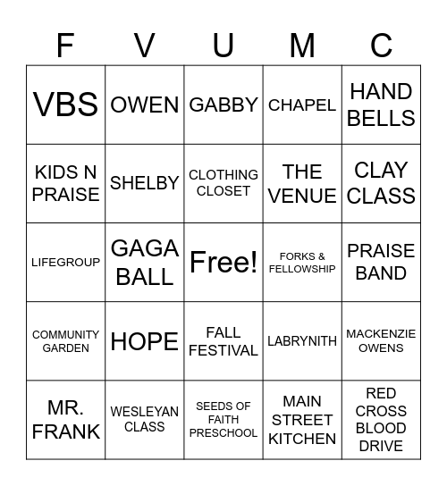 FVUMC TRIVIA Bingo Card