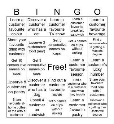 Starbucks Customer Connection Bingo Card